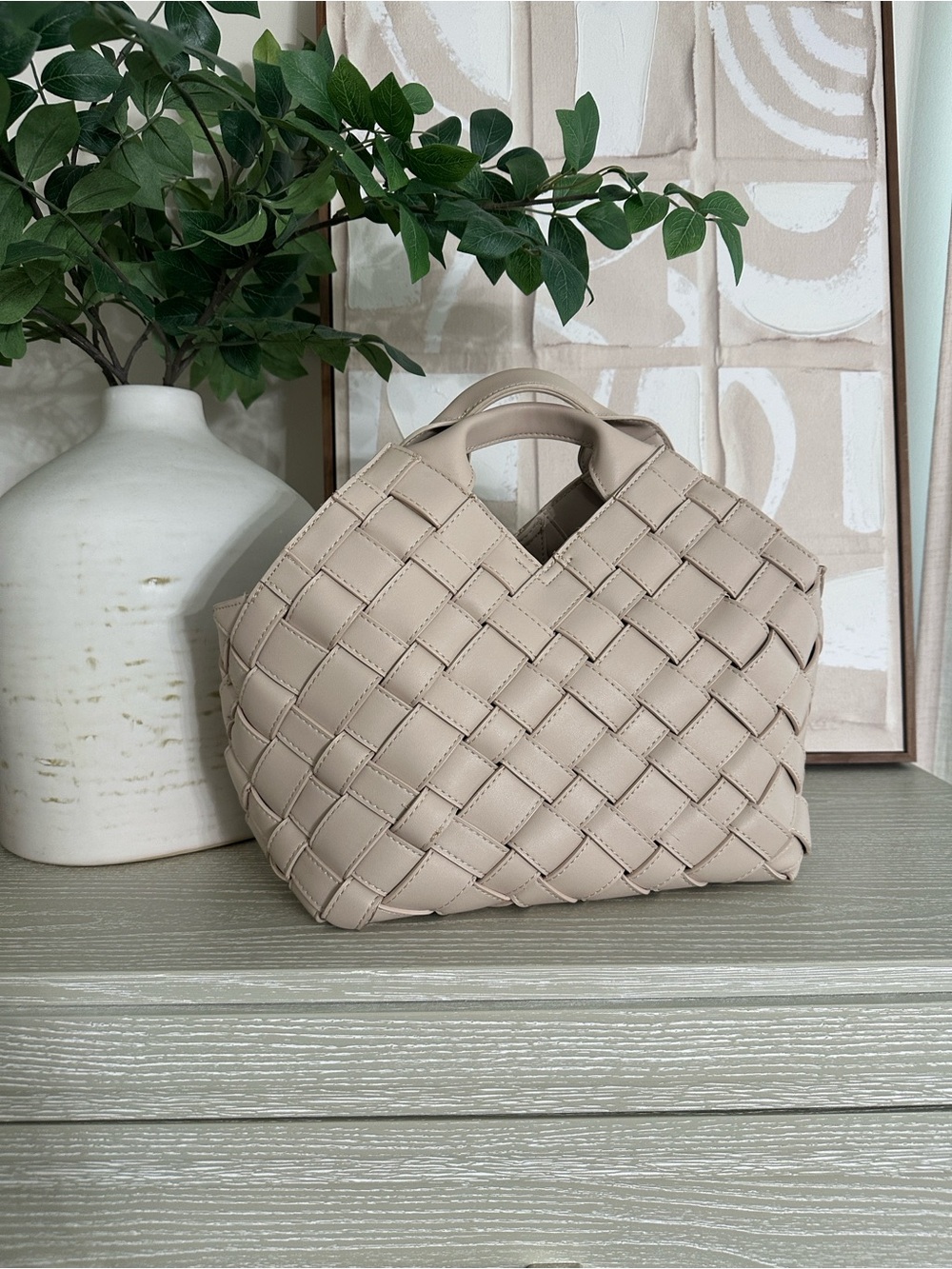 Aqua Woven Tote Bag in Light Beige
